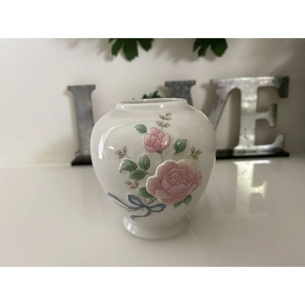 Vintage Japan Mini Vase 3D Raised Roses Porcelain Collectible White and Pink EUC